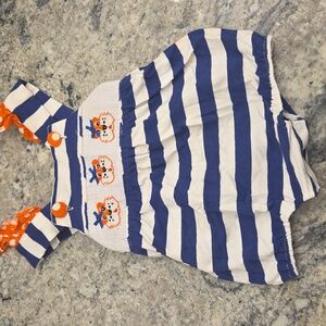 Auburn University Smocked Blue and White Striped Baby Romper